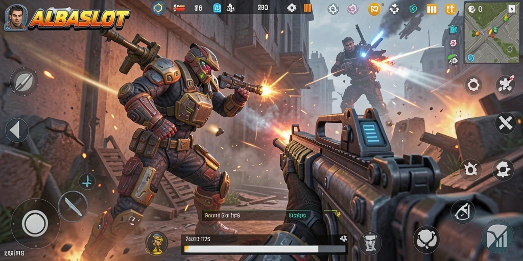 Gameplay dinamis ALBASLOT dengan aksi tembak-menembak seru.