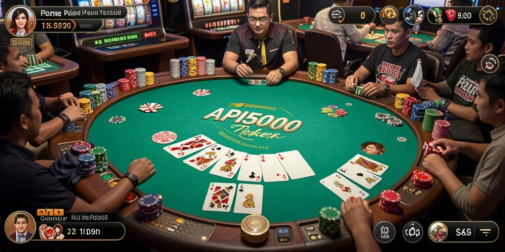 Screenshot utama API5000 menampilkan suasana seru permainan poker.