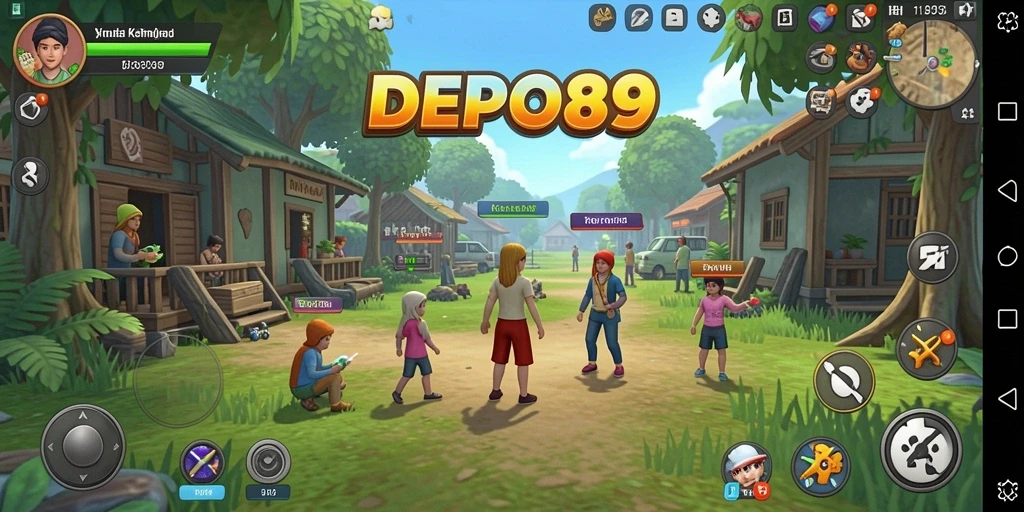 Tampilan gameplay DEPO89 dengan karakter yang penuh warna dan interaksi menarik.