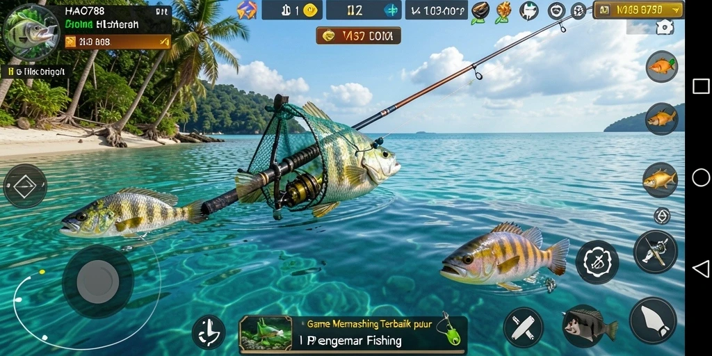 Screenshot HAO788 menampilkan pemain menangkap ikan besar di laut.