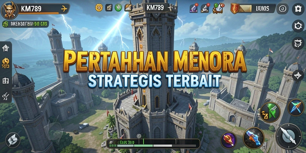 Tangkapan layar gameplay KM789 menampilkan menara pertahanan yang strategis melawan gelombang musuh.
