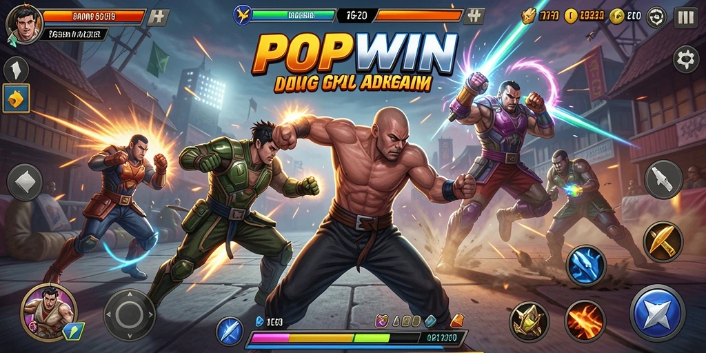 Tampilan layar permainan <strong>POPWIN</strong> yang menunjukkan aksi pertarungan yang mendebarkan.